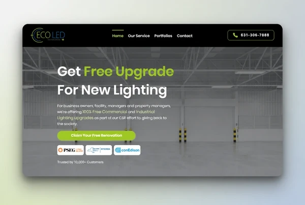 Mockup of the ECOLEDCO landing page hero leading with a free commercial lighting upgrade offer and utility programme badges