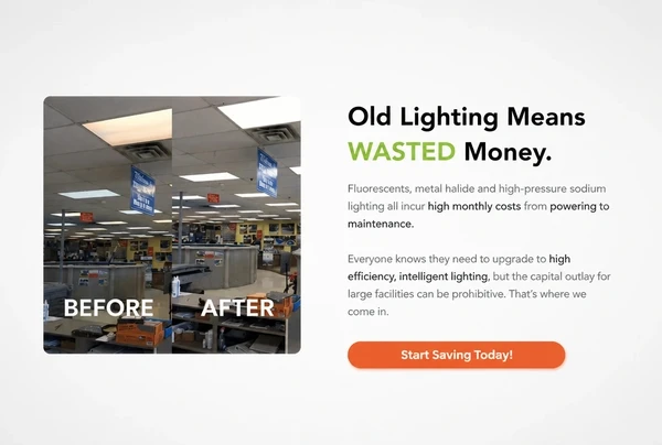 Mockup of the ECOLEDCO section explaining that old lighting wastes money, with its before and after photograph
