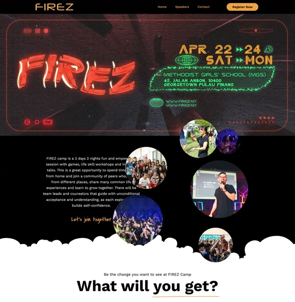 The FirezCamp 2023 home page: the camp name, the dates and the venue