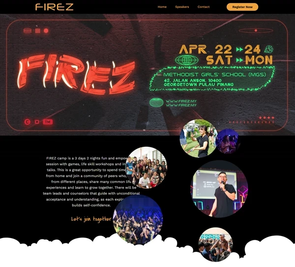The top of the FirezCamp 2023 page: the camp name, the dates, the venue and photographs of past campers