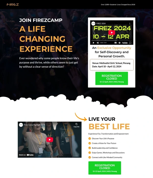 The FirezCamp 2024 home page: the invitation, the dates and the highlight video