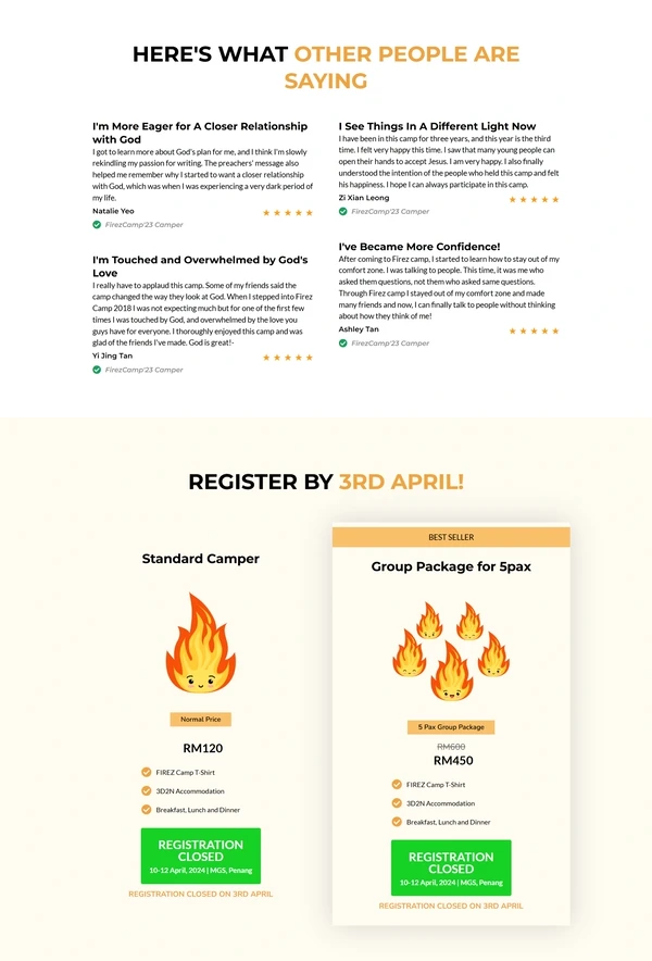 Camper testimonials and the registration packages on the FirezCamp 2024 page
