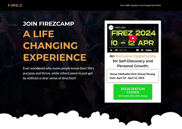 The FirezCamp 2024 landing page opening with a question, a highlight video and a registration panel