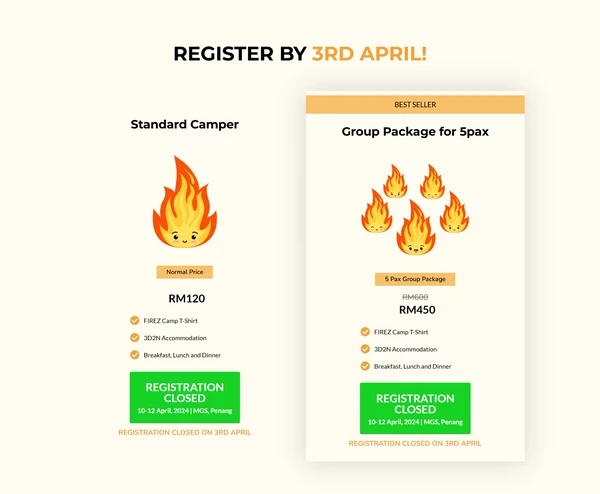 The FirezCamp 2024 registration panel showing the dates, the venue and a register button