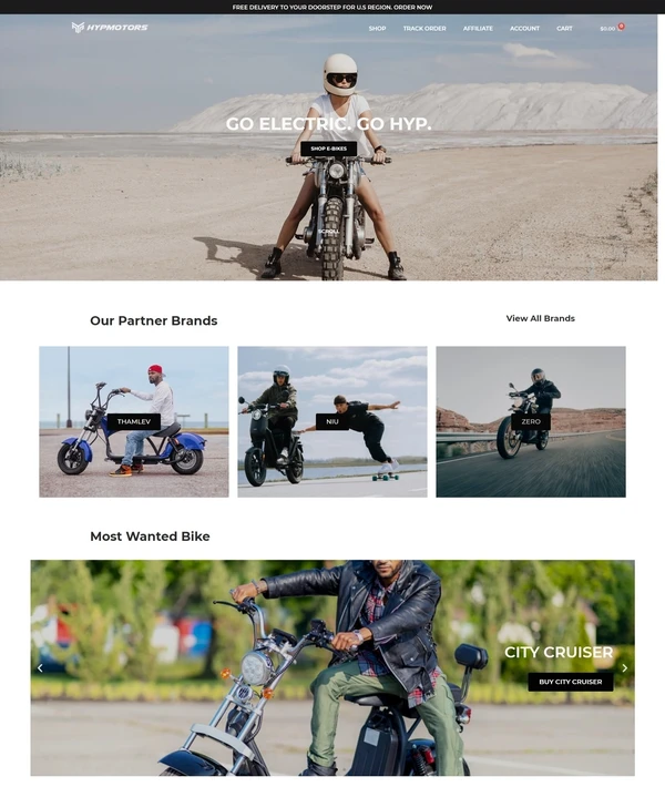 The HypMotors home page: the riding hero, the partner brands and the featured bike