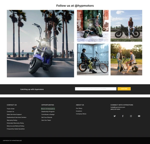 The HypMotors social feed and site footer