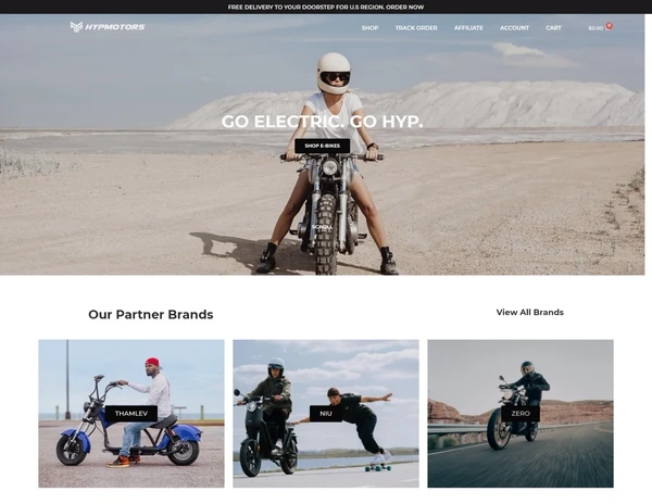 The HypMotors home page opening on a rider on an electric bike, with a photographed tile for each brand it carries underneath