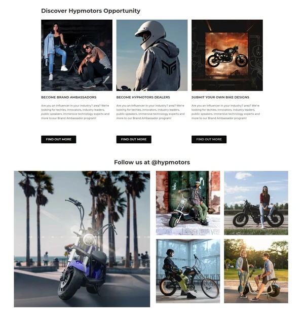The HypMotors opportunity section showing the ambassador, dealer and design routes, with customer photographs underneath