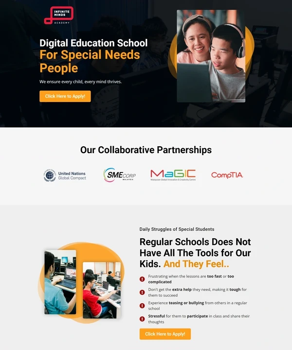 The Infinite Minds Academy home page: the school named, its partner organisations and the daily struggles section