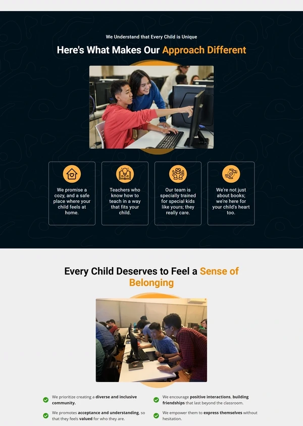 The teaching approach and belonging sections of the Infinite Minds Academy page
