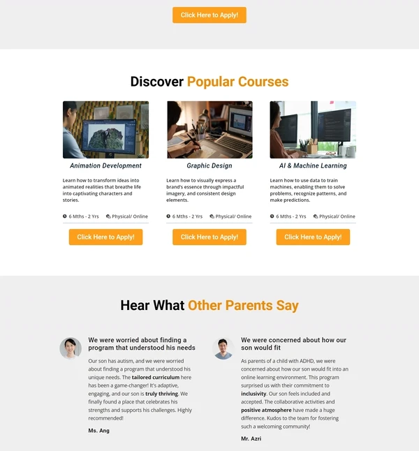 The course list and parent testimonials on the Infinite Minds Academy page