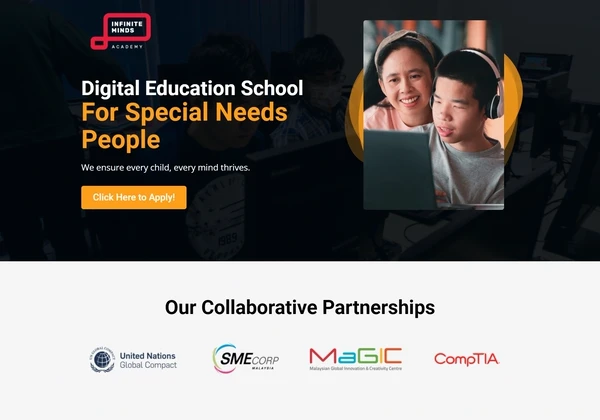 The Infinite Minds Academy landing page headline naming a digital education school for people with special needs, with its partner logos underneath