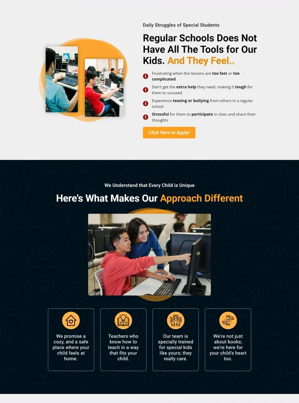 The daily struggles section of the Infinite Minds Academy page listing four difficulties special needs students face
