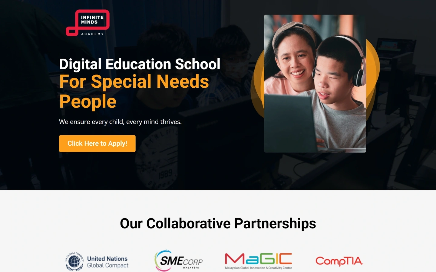 InfiniteMinds Academy website, desktop view