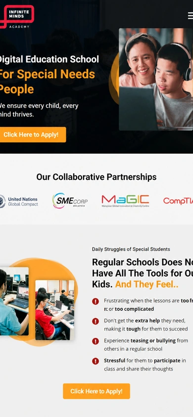 InfiniteMinds Academy website, mobile view