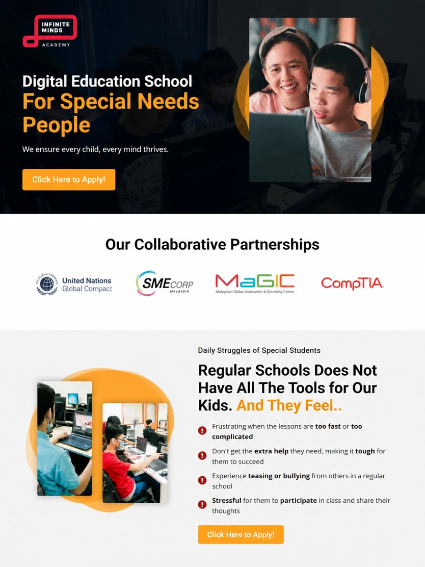 InfiniteMinds Academy website, tablet view