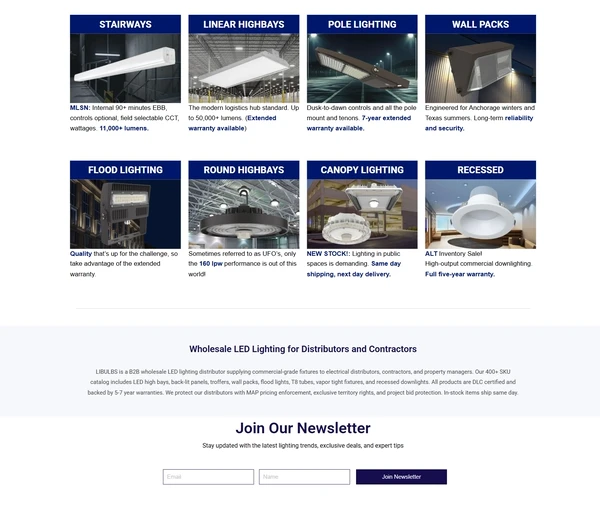 The Libulbs home page continuing into its lighting categories