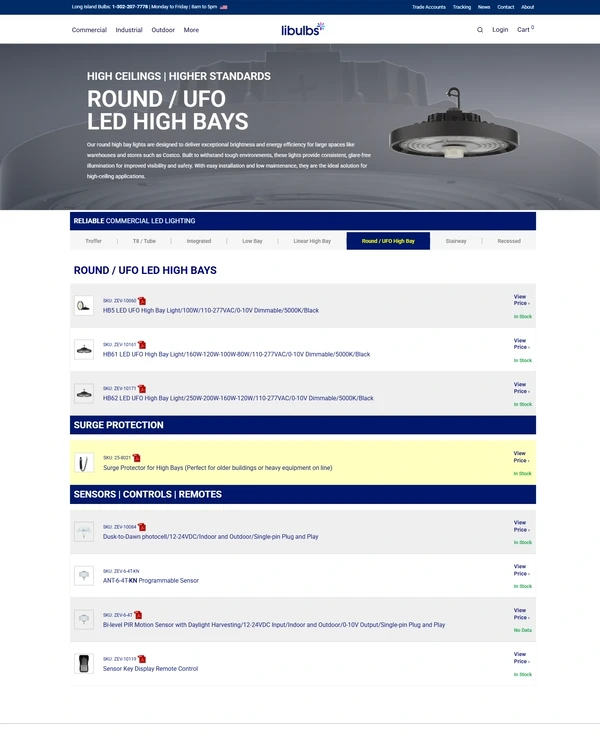 A Libulbs category page listing high bay fittings by part number with stock beside each
