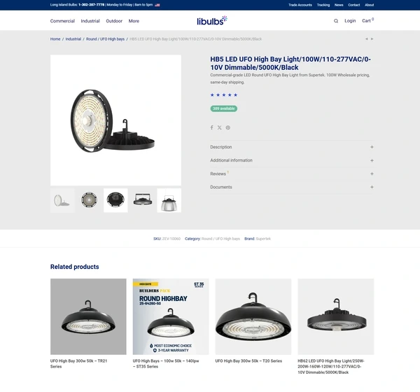 A Libulbs product page showing the model number, stock, photographs of the fitting and tabbed detail