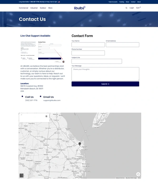 The Libulbs contact page showing live chat, the address, a contact form and a map