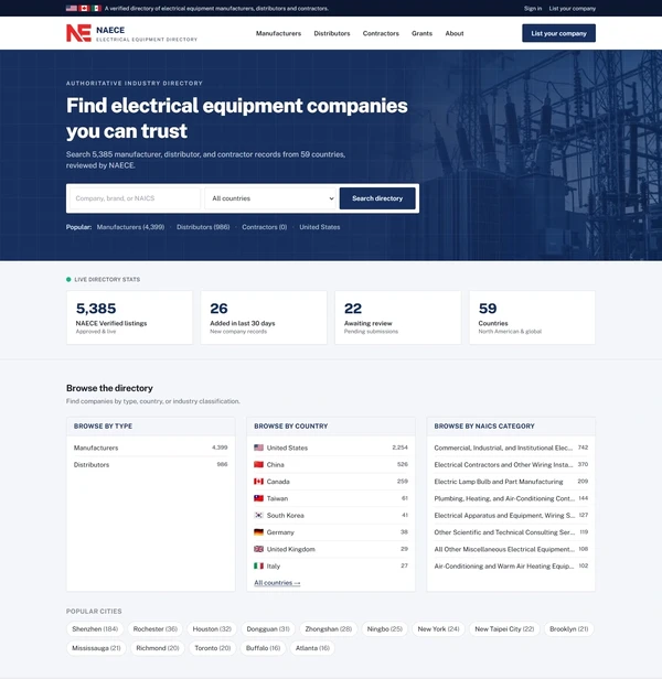 The NAECE directory home page with company search and live listing counts
