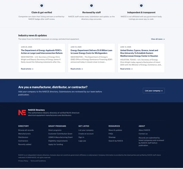 NAECE trust columns and industry news cards above the dark site footer