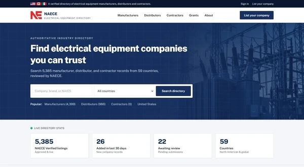 The NAECE home page with a directory search box, country filter and popular category links