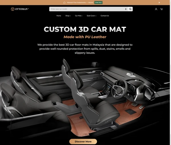 The top of the Ottoman Malaysia home page, the custom 3D car mat shown fitted in a car interior above the PU leather description