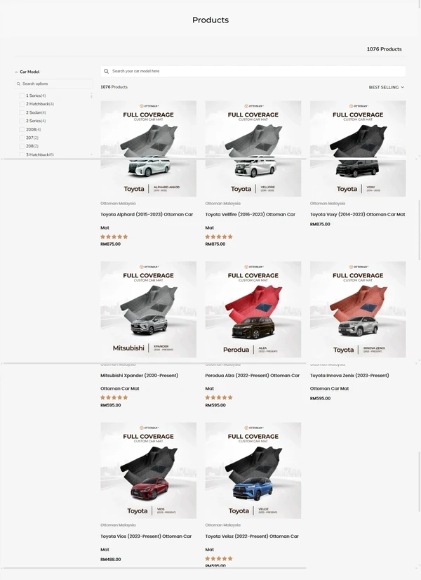 The Ottoman product list with a car model search and filter beside more than a thousand vehicle specific car mats