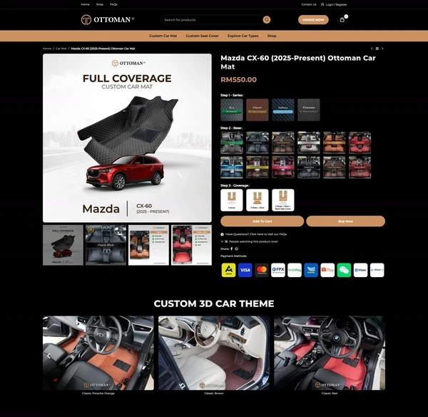 The Mazda CX-60 car mat product page with the series, base and coverage choices above the Add to Cart button