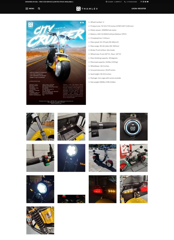 A Thamlev model page showing the full specification beside the machine, with photographs of the parts underneath