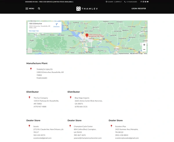 The Thamlev dealer page showing a map, the plant and every distributor and dealer store with a phone number