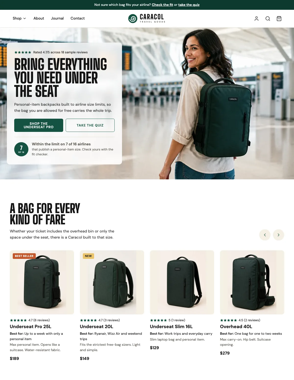 Caracol website homepage design, Travel Goods