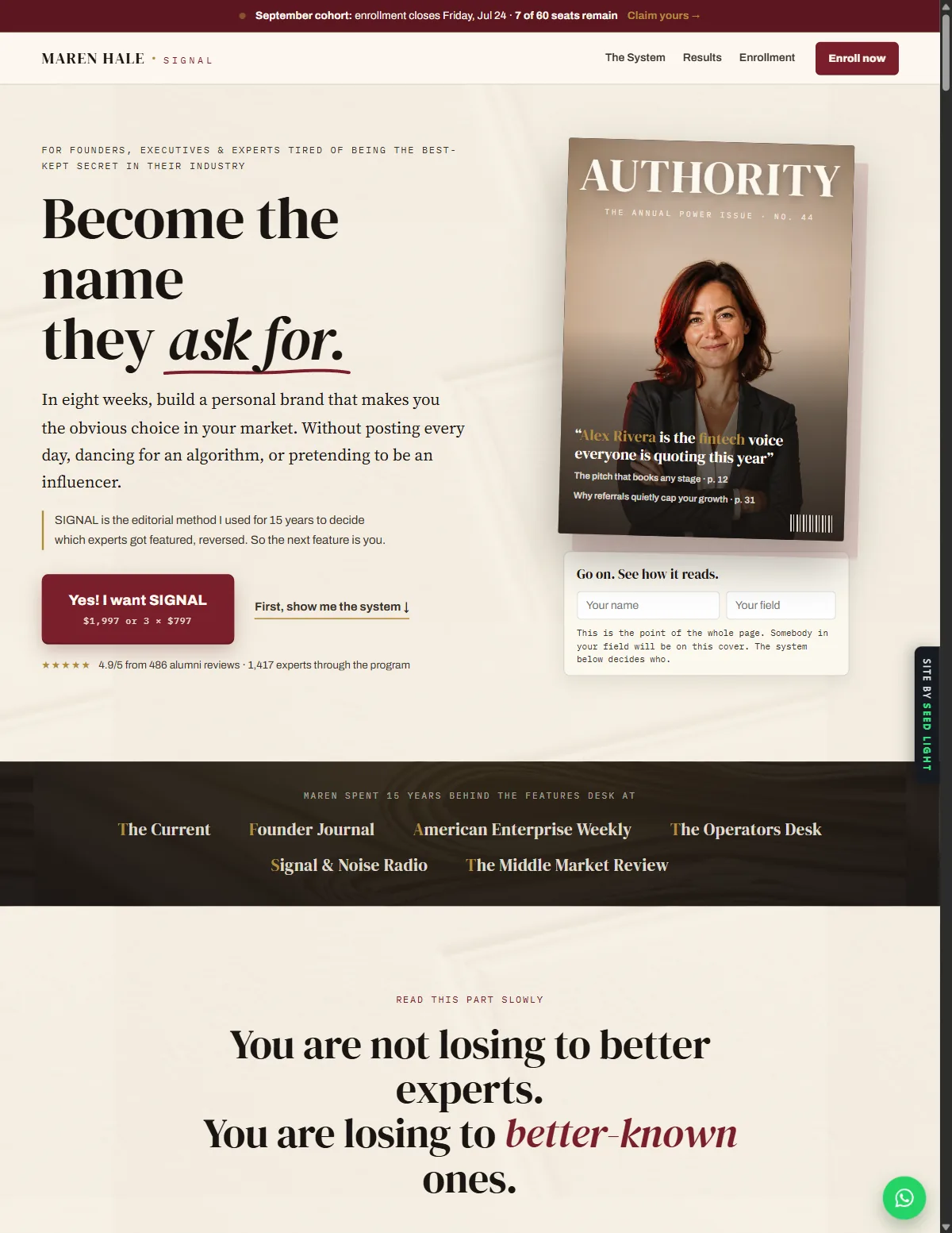 Maren Hale x SIGNAL website homepage design, Funnels