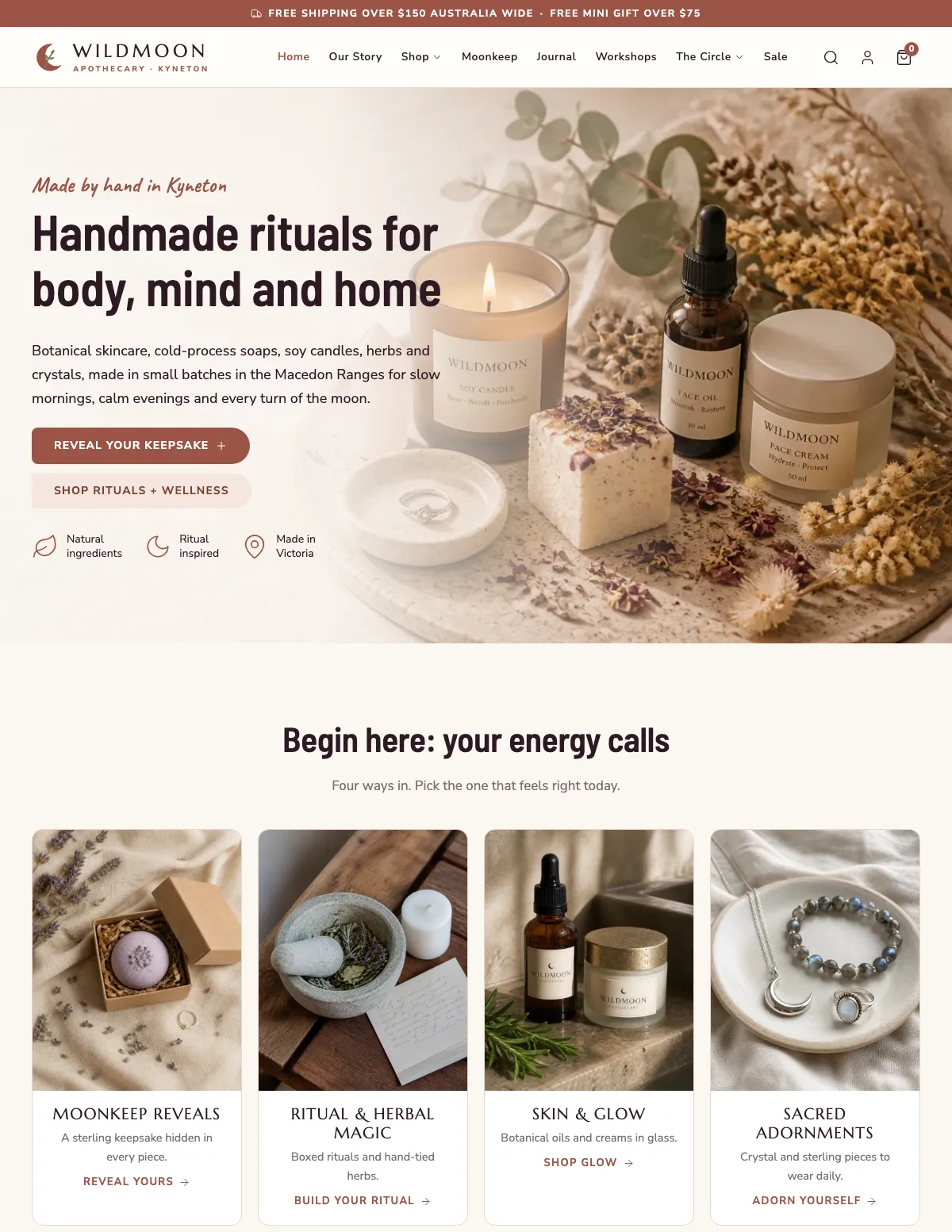 Wildmoon Apothecary website homepage design, Skincare