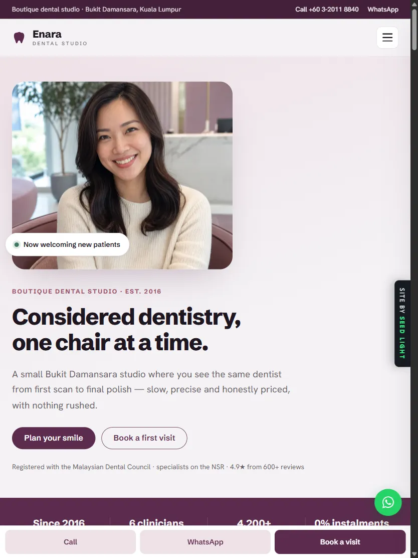 Enara Dental Studio demo website on a tablet