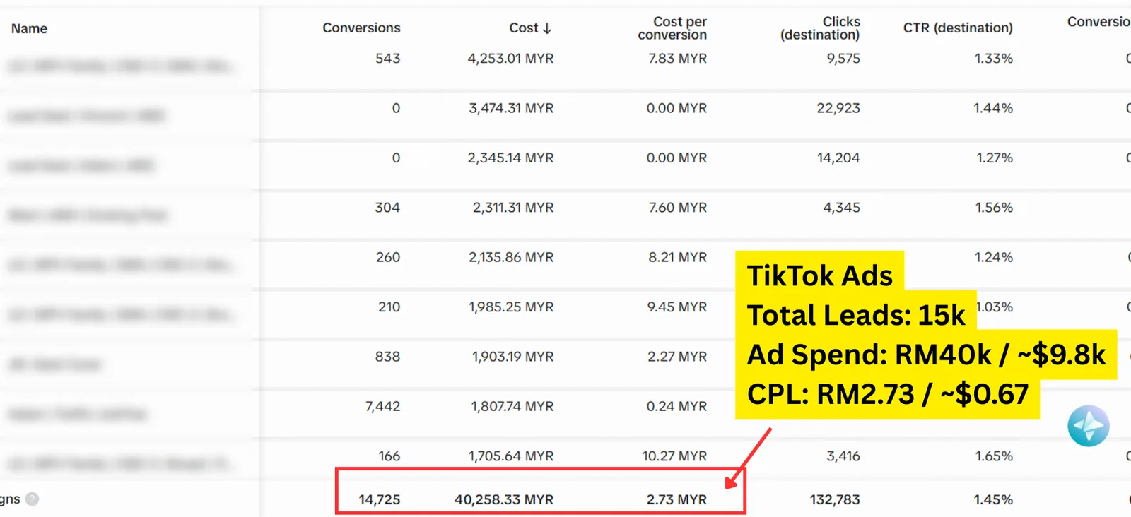 TikTok Ads performance screenshot from a client account