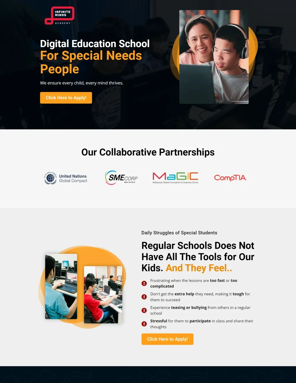 InfiniteMinds Academy website homepage design, Landing Pages